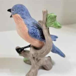 Vintage Blue Bird on Flower Branch Ceramic Figurine